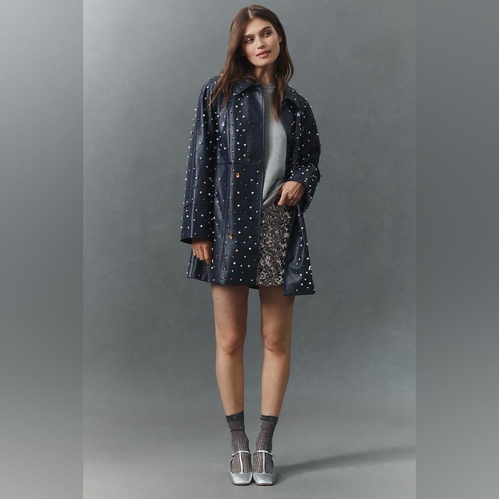 Anthropologie Maeve Embellished Faux Leather Car Coat XXS NWT